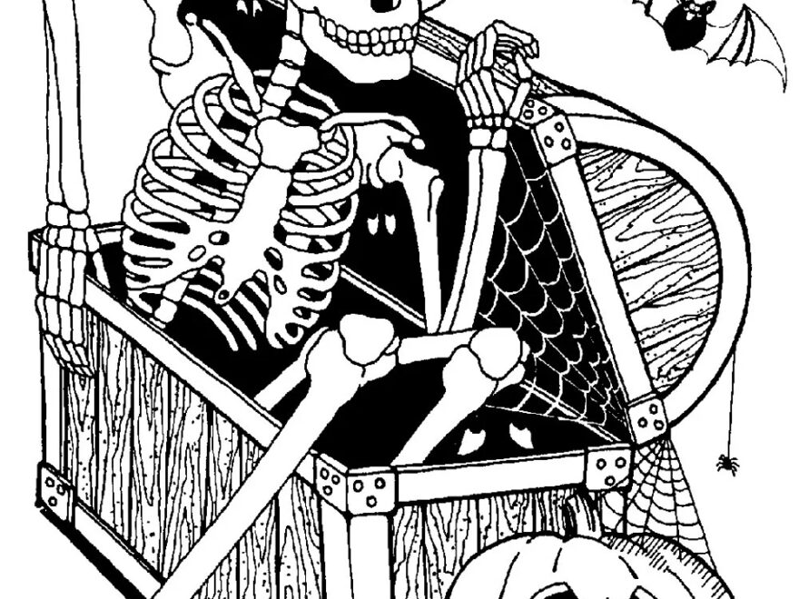 Skeleton In Coffer Halloween Coloring Pages For Adults