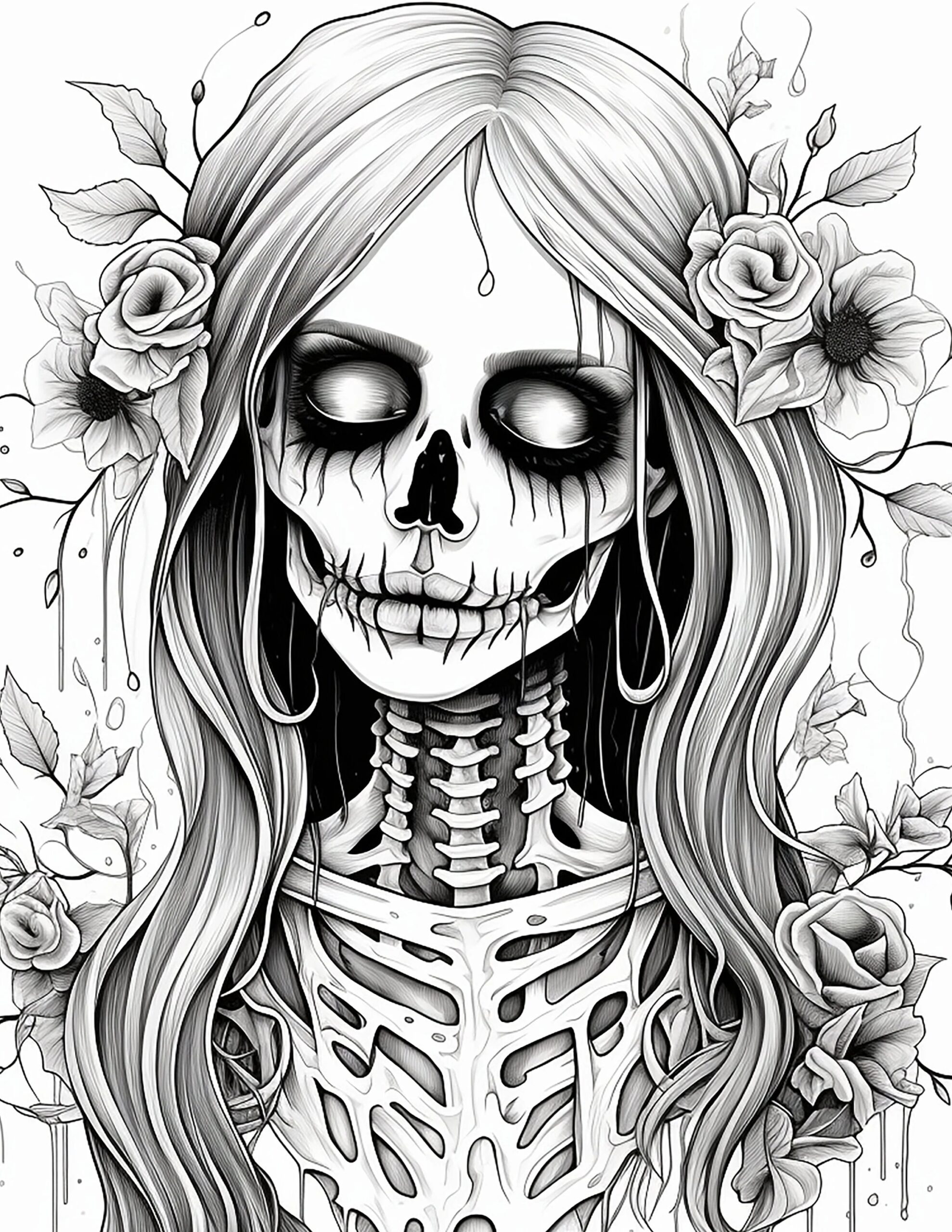 Skelly Girl Halloween Coloring Page Set Digital Download Coloring Book Pages Printable Etsy