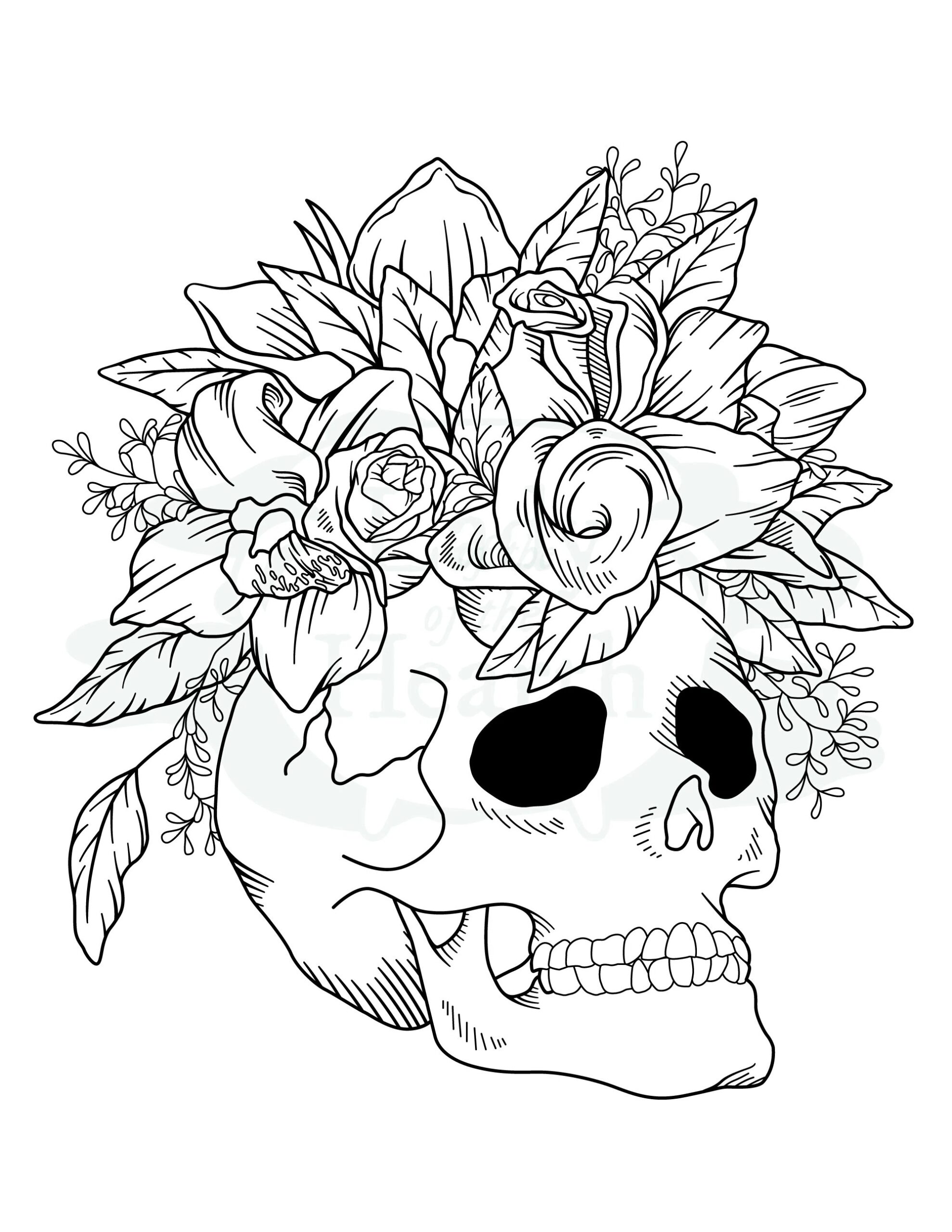 Skull With Flowers Printable Coloring Page Etsy Skull With Flowers Printable Coloring Page Etsy