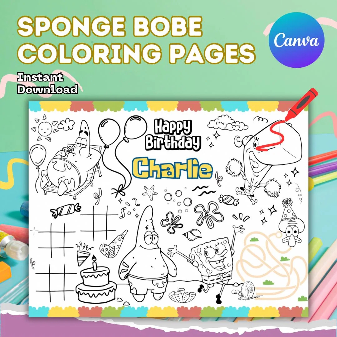 Sponge Bobe And Friends Coloring Page Template Editable Activity Coloring Page Birthday Placemat Girly Birthday Digital Download Canva Etsy
