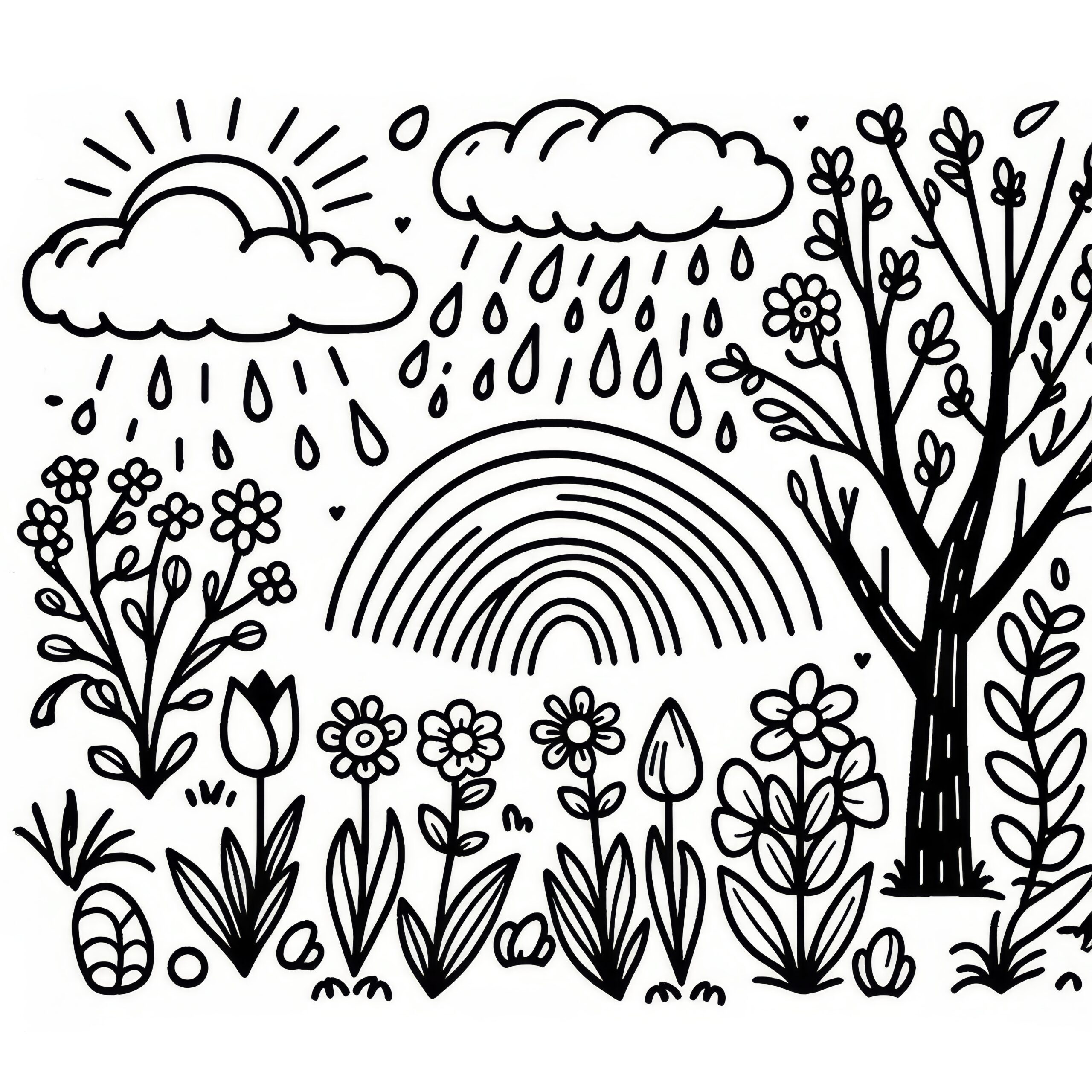 Spring Landscape With Rainbow Free Coloring Page Spring Landscape With Rainbow Free Coloring Page