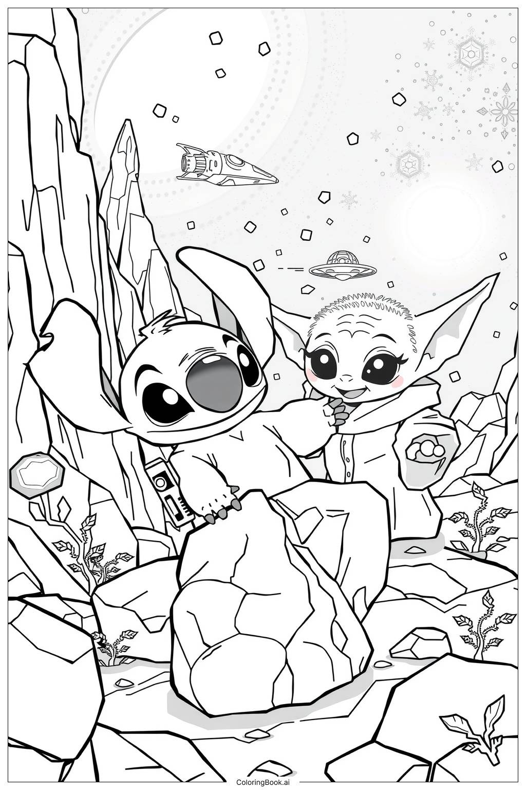 Stitch And Baby Yoda Adventure 2 Coloring Page Free PDF PNG Printable 
