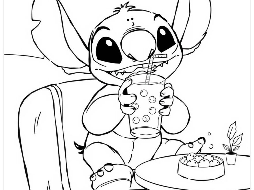 Stitch Drinking Boba 2 Coloring Page Free PDF PNG Printable