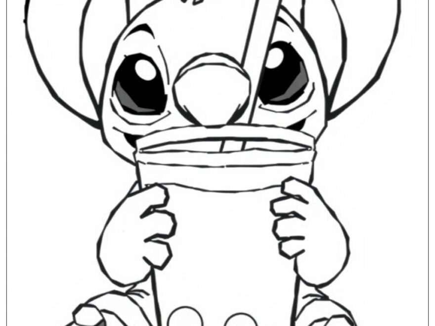 Stitch Drinking Boba Coloring Page Free PDF PNG Printable