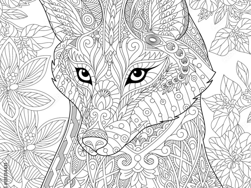 Stylized Cartoon Wild Fox Animal And Hibiscus Flowers Freehand Sketch For Adult Anti Stress Coloring Book Page With Doodle And Zentangle Elements Stock Vector Adobe Stock