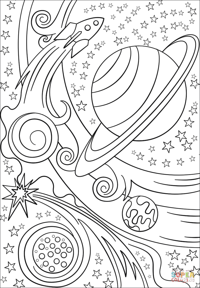 Trippy Space Rocket And Planets Coloring Page Free Printable Coloring Pages