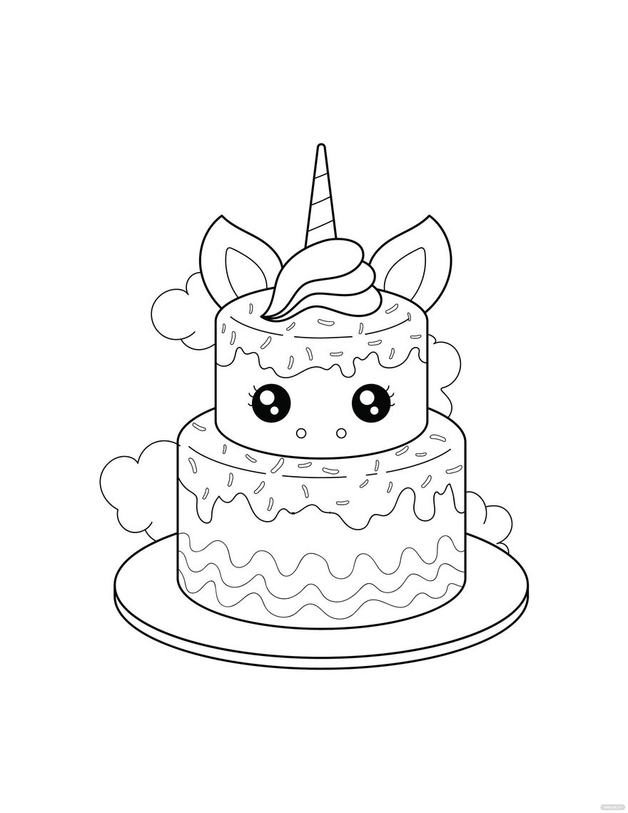 Unicorn Cake Coloring Page In Illustrator PDF SVG JPG EPS PNG Download Template