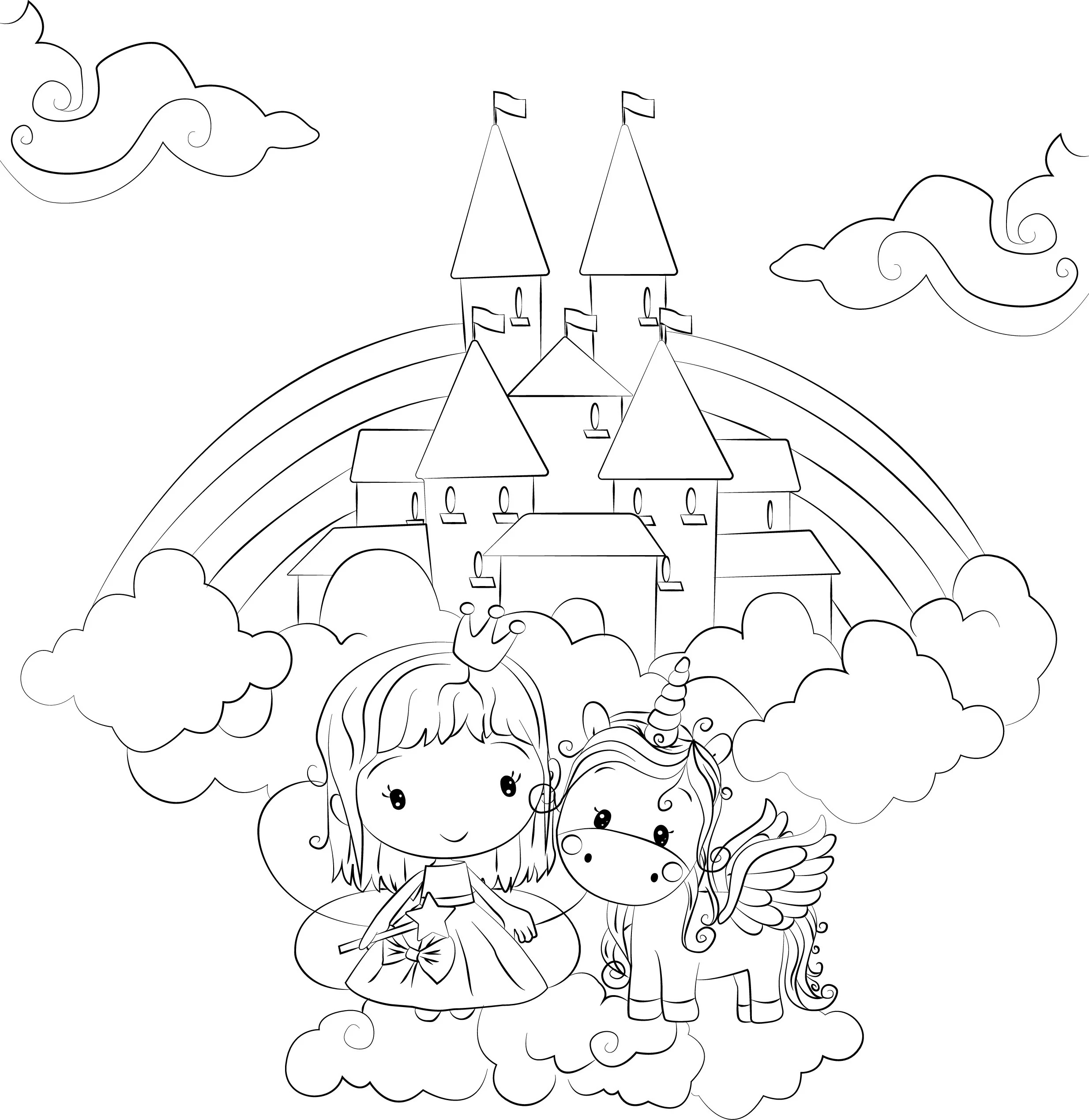 Unicorn Fairy Coloring Page Digital Coloring Page Instant Download Printable PDF Castle Etsy