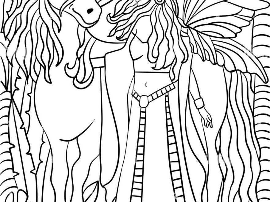 Unicorn Walking With Fairy Coloring Page For Adult Stock Vector Image Art Alamy