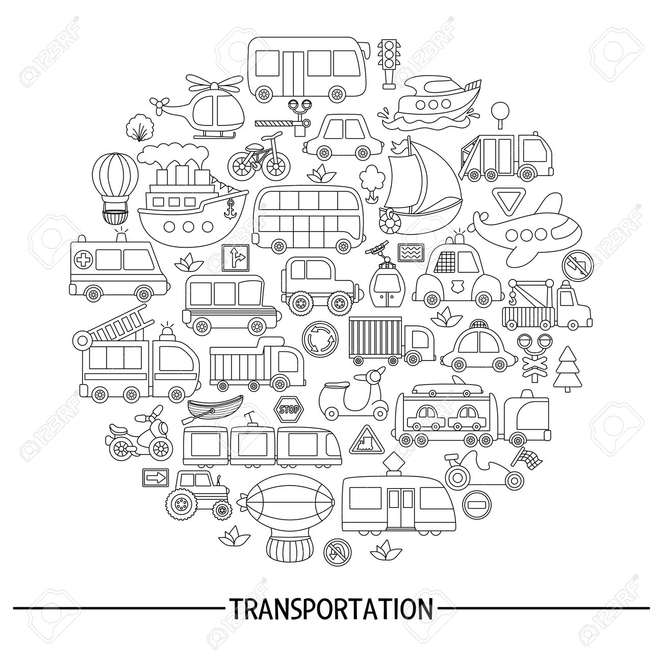 Vector Black And White Transportation Round Frame With Bus Car Boat Truck Line Card Template Design With Transport For Banners Invitations Cute Road Way Illustration Coloring Page With Bike Plane Royalty Free Vector Black And White Transportation Round Frame With Bus Car Boat Truck Line Card Template Design With Transport For Banners Invitations Cute Road Way Illustration Coloring Page With Bike Plane Royalty Free