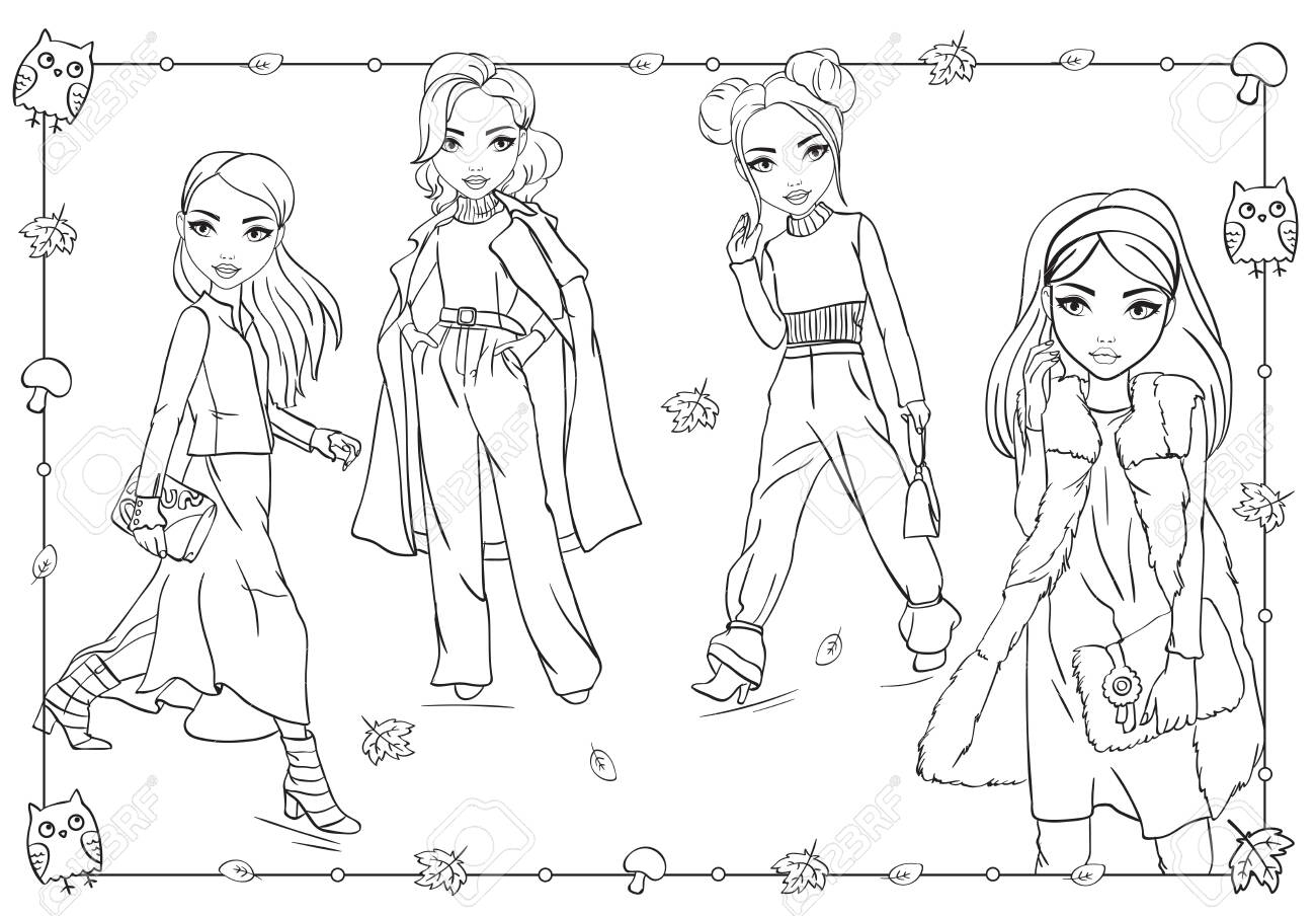 Vector Coloring Book Of Beautiful Fashion Girls In Warm Clothes Are Walking In Autumn Royalty Free SVG Cliparts Vectors And Stock Illustration Image 122469164 